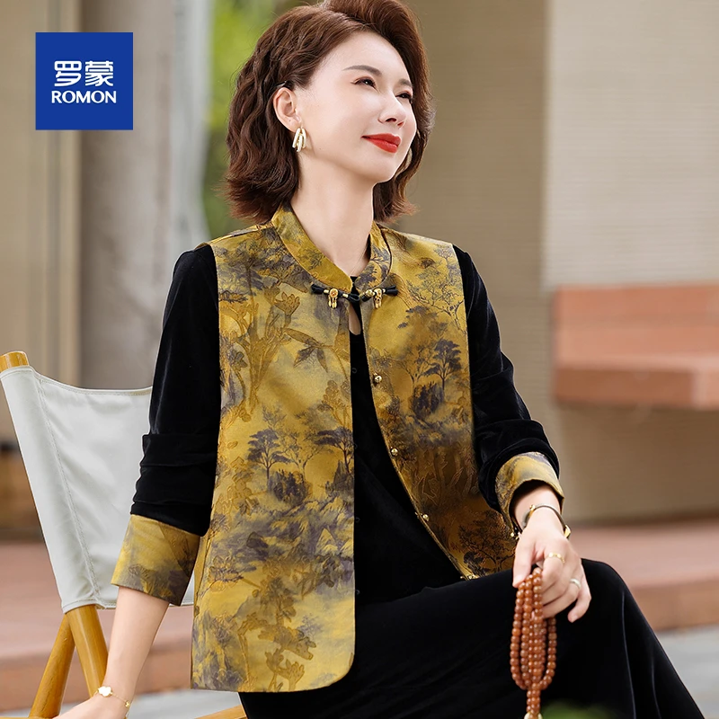50岁妈妈秋装套装中老年妇女秋季马甲三件套中年唐装春秋中式外套