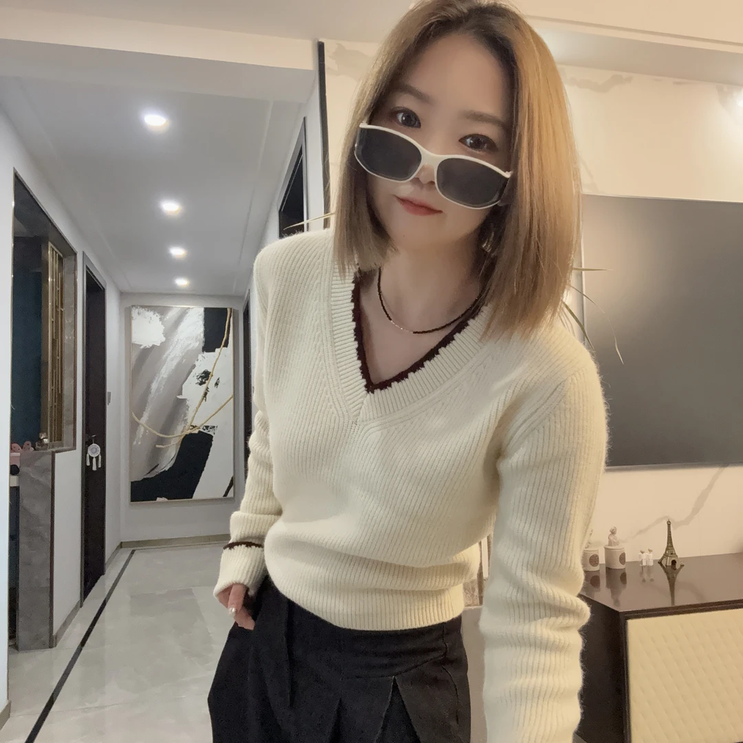 期素法式短款常规款纯色V领毛针织衫秋冬网红慵懒风