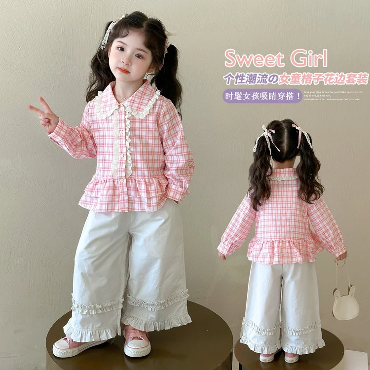 女童套装2025新款小女孩甜美风格子娃娃衫洋气花边阔腿裤两件套潮