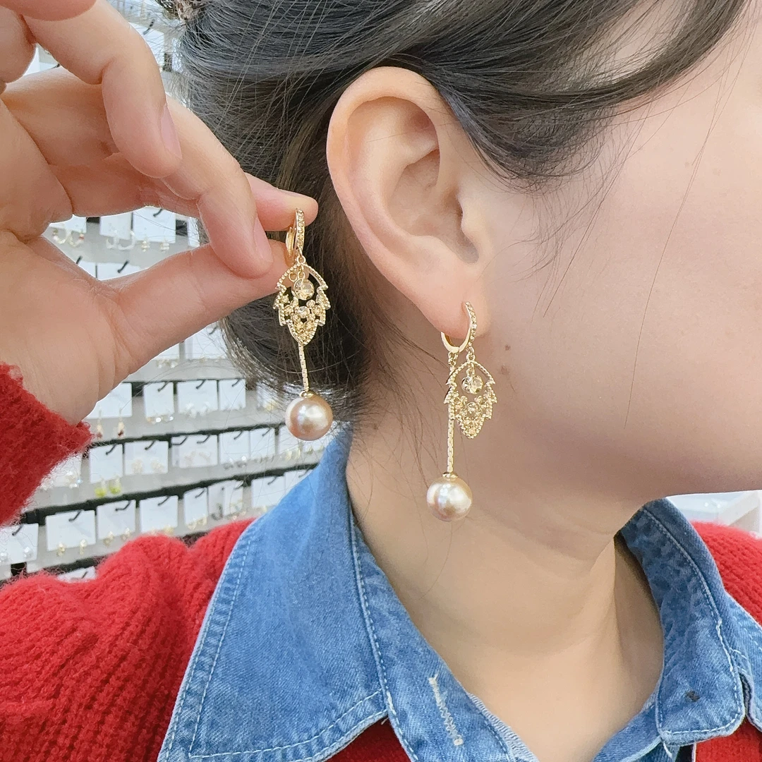 铜合金耳饰 长款树叶流苏珠珠耳环简约气质高级感法式耳饰324