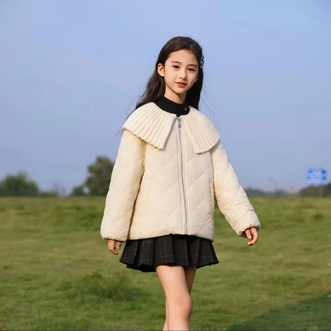 1555女童小香风棉服夹棉加厚新款甜美娃娃领大女孩中大童棉袄外套