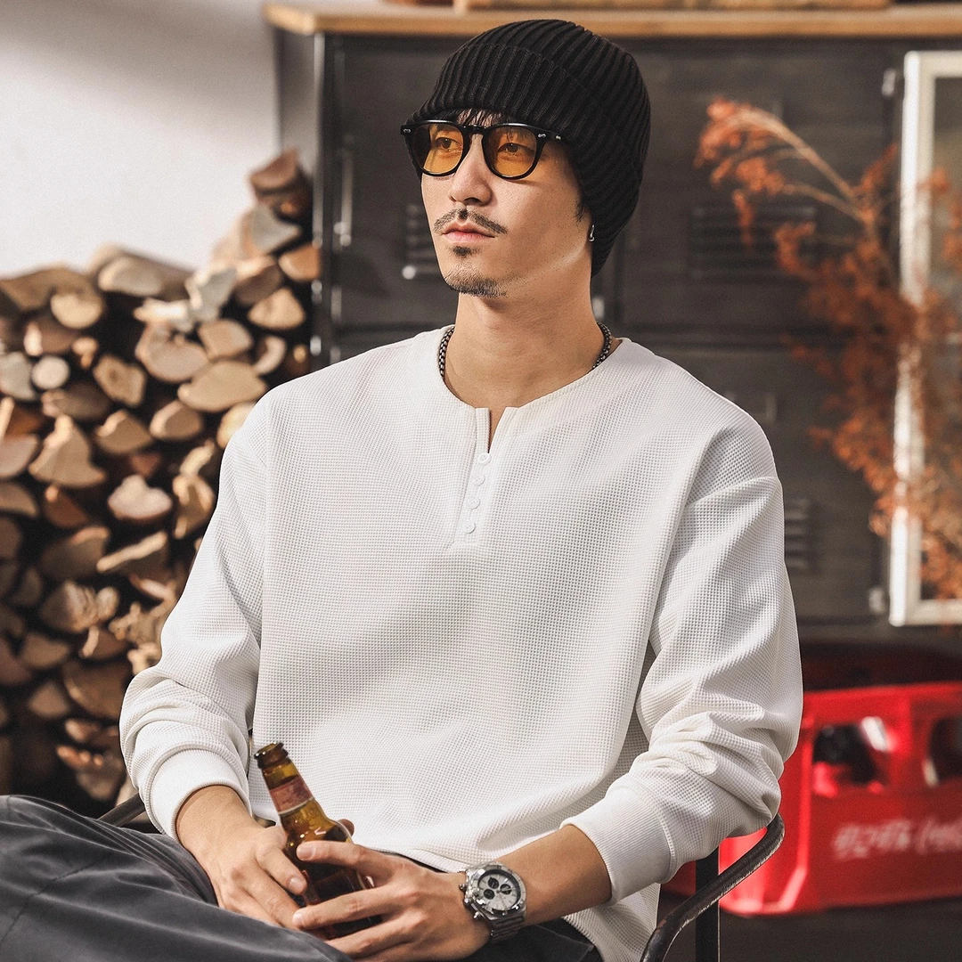 美式复古白色长袖t恤男秋季2025新款亨利领潮牌休闲宽松男士上衣