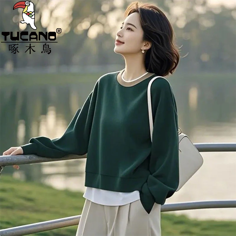 啄木鸟纯棉卫衣外套假两件秋冬新款套头中老年妈妈装宽松百搭上衣