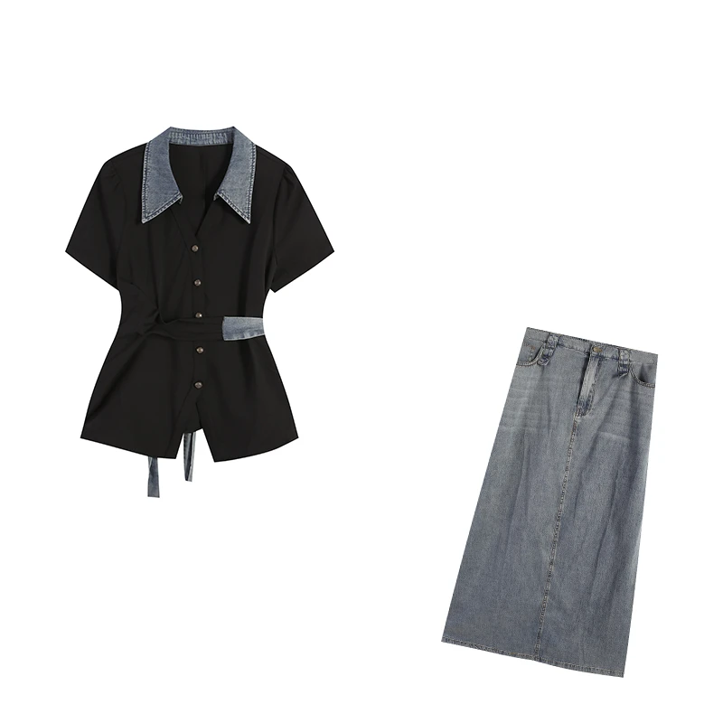 黑色夏季上衣+蓝色休闲半裙气质两件套ZL110036套装牛仔衬衫显瘦