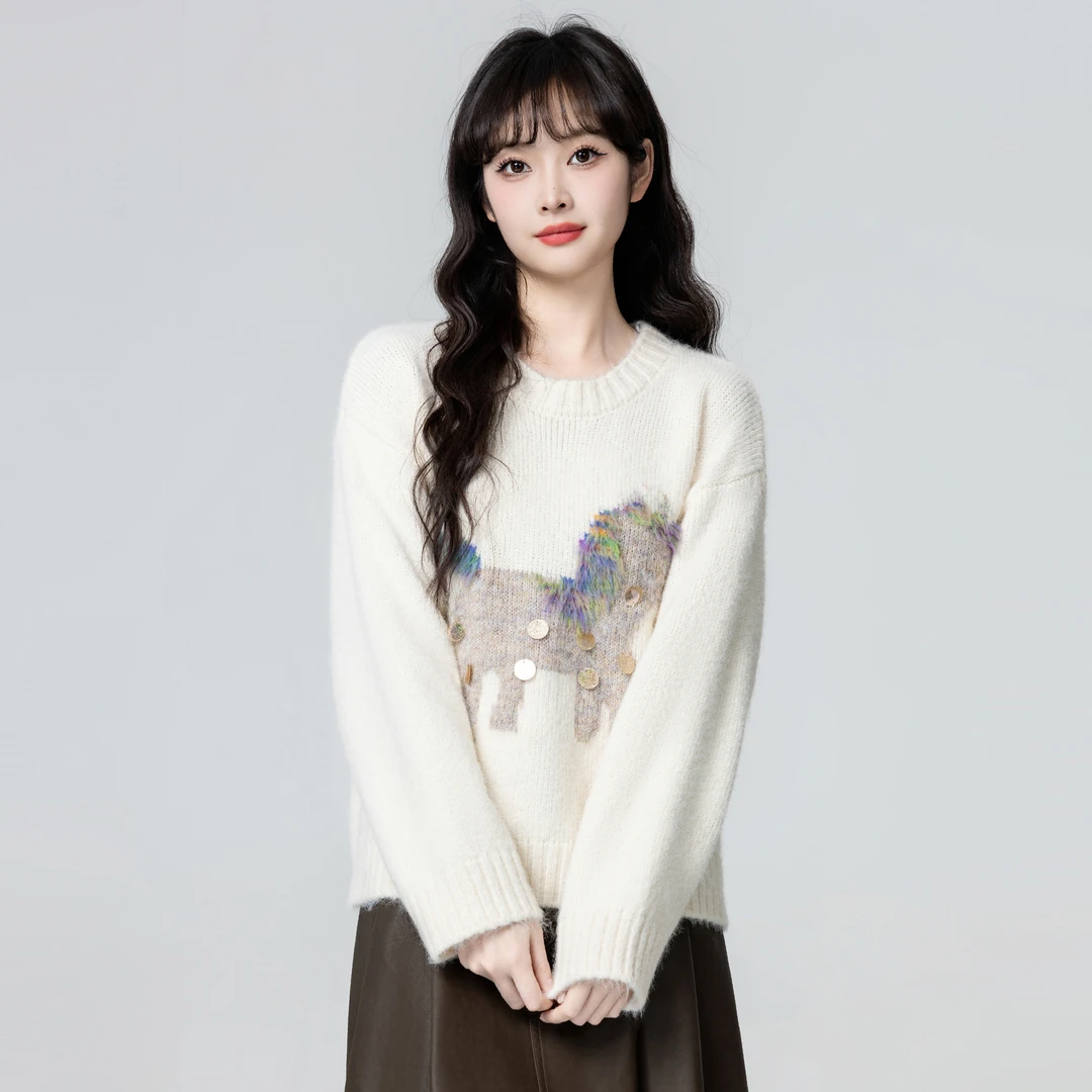 白色加厚圆领毛衣女秋冬2025冬季新款卡通套头针织衫内搭短款上衣