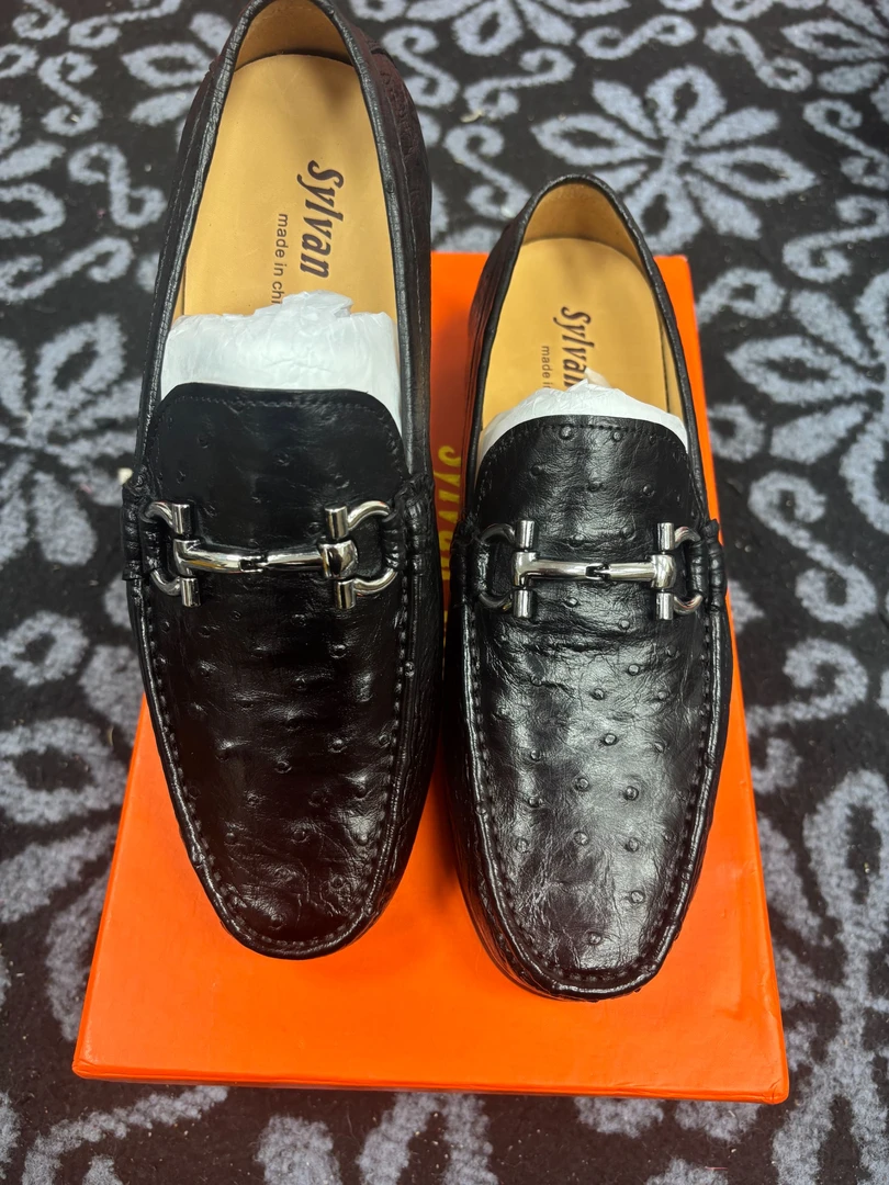 2025新款男士鸵鸟皮乐福鞋套筒一脚蹬休闲经典黑色豆豆鞋