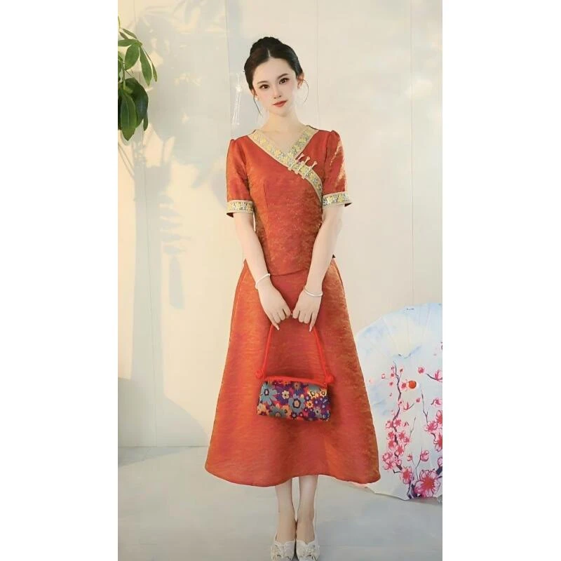 A102782,夏季薄款时尚新中式复古国风修身显瘦减龄半身裙两件套