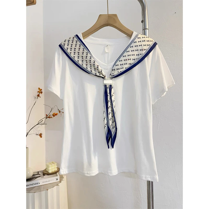 大码200斤气质减龄时尚百搭V领正肩丝巾设计感短袖t恤女上衣ins潮