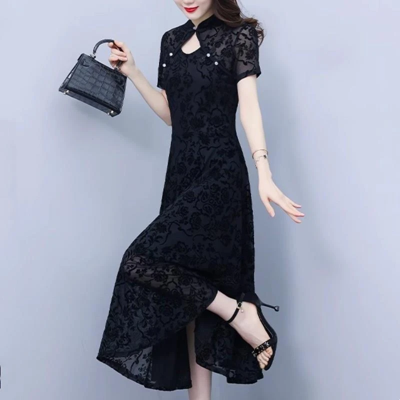 范哲萨短袖夏季改良旗袍2025新款妈妈显瘦气质时尚高端长款到脚踝