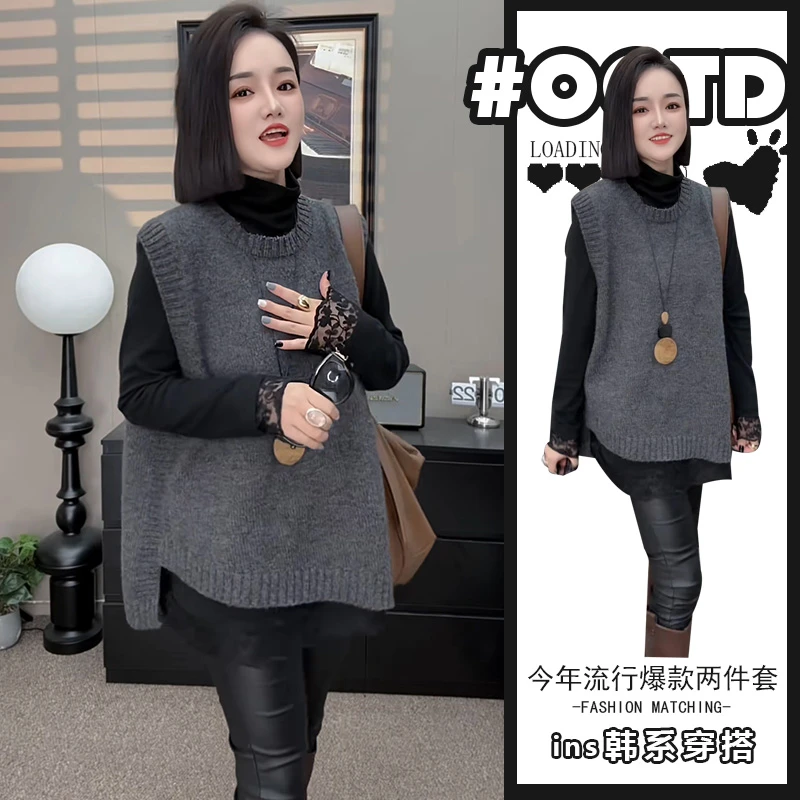 欧货两件套装女秋冬新款设计感别致不规则针织毛衣高领显瘦打底衫