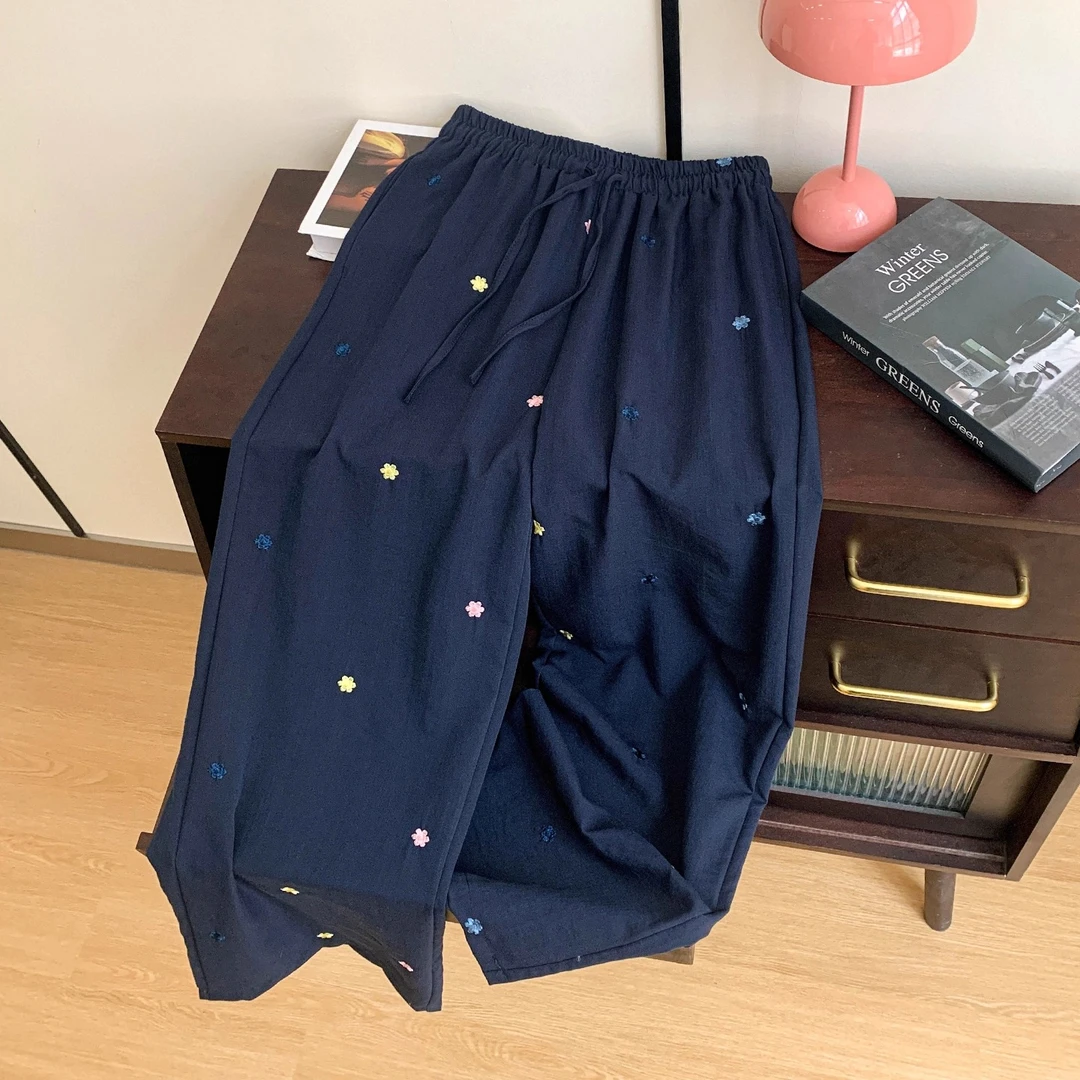 设计感刺绣花朵松紧腰休闲裤女2025年夏季薄款大码宽松显瘦阔腿裤