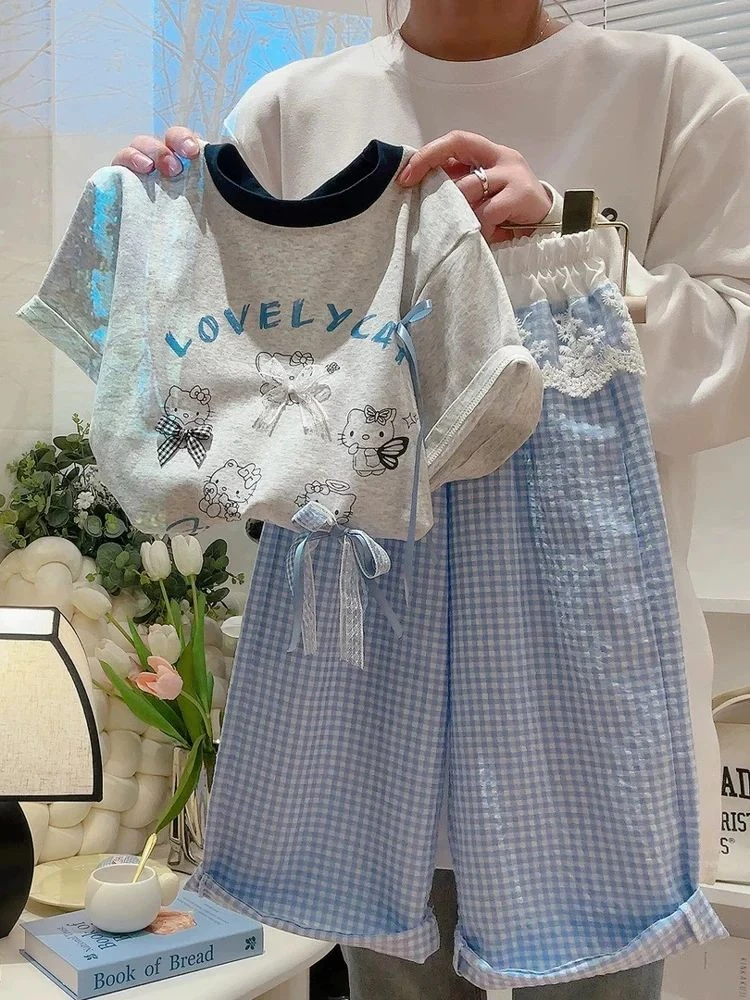 女小童卡通印花短袖花边裤两件套2025夏季女宝宝宽松韩版休闲套装