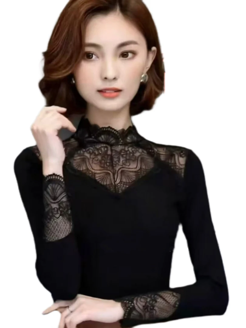 2025春季新款2405半高领镂空修身显瘦百搭气质网纱长袖打底衫