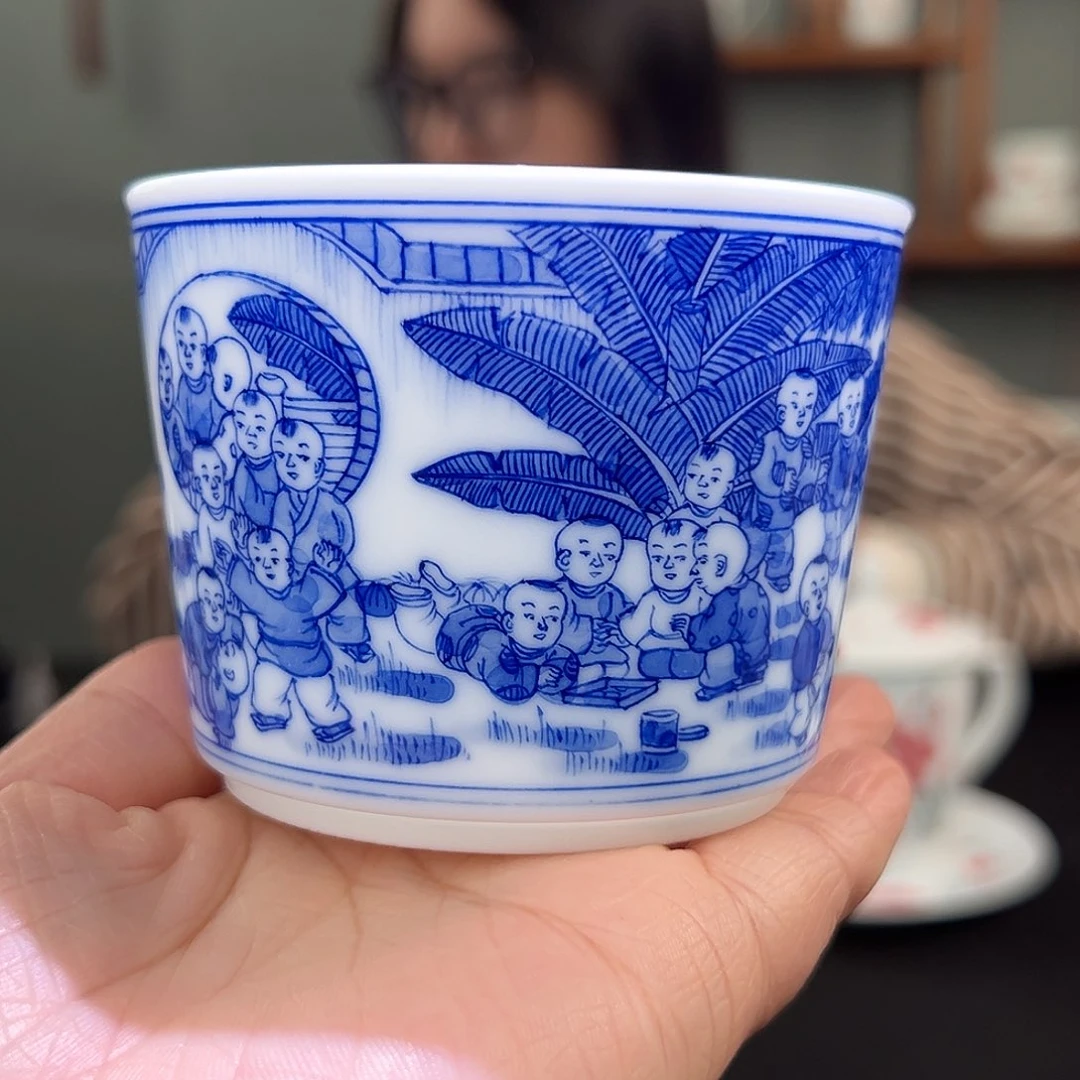 柴窑青花群英汇书卷杯