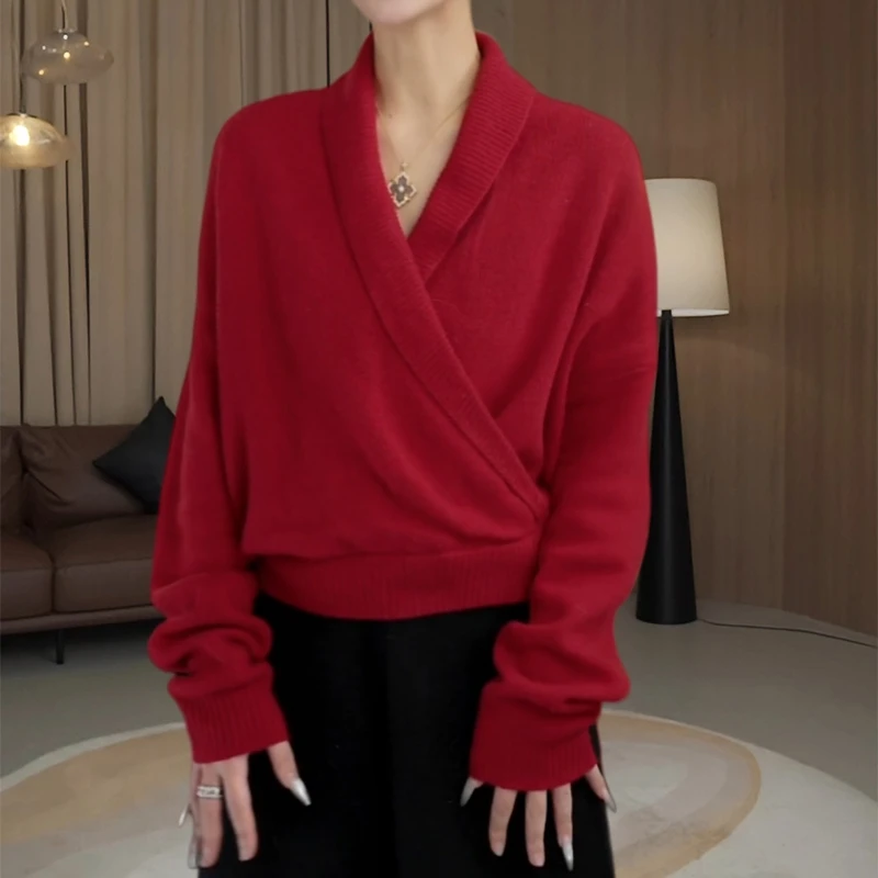 复古红色圣诞V领针织衫秋冬季小个子跨年夜战袍设计感保暖上衣女