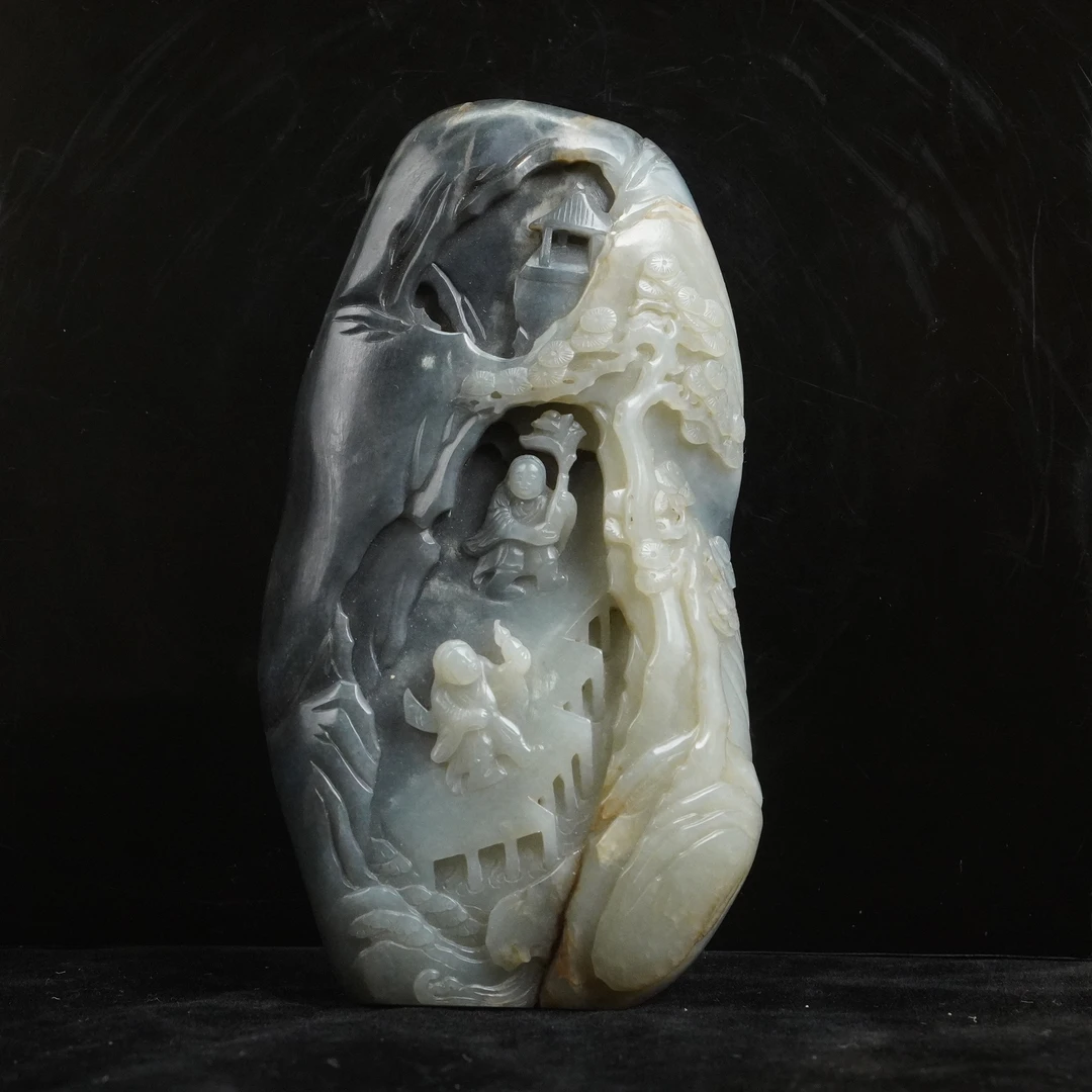 【清】黑白巧雕和合二仙玉山子摆件（高15.5cm宽3.7cm重914.8g）