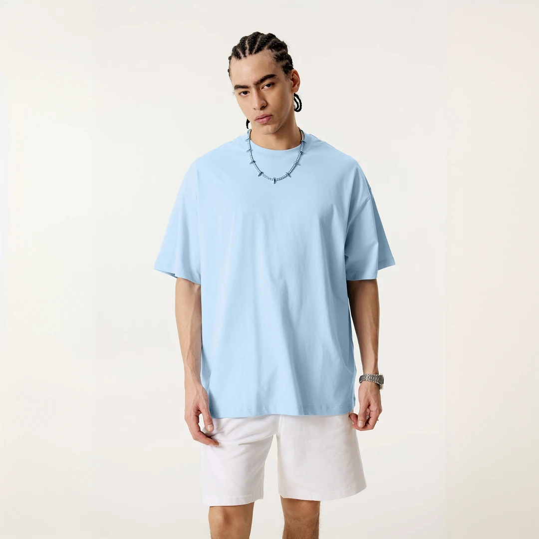 180G凉感棉纯色短袖男美式小领口t恤夏运动速干抑菌宽松落肩半袖T