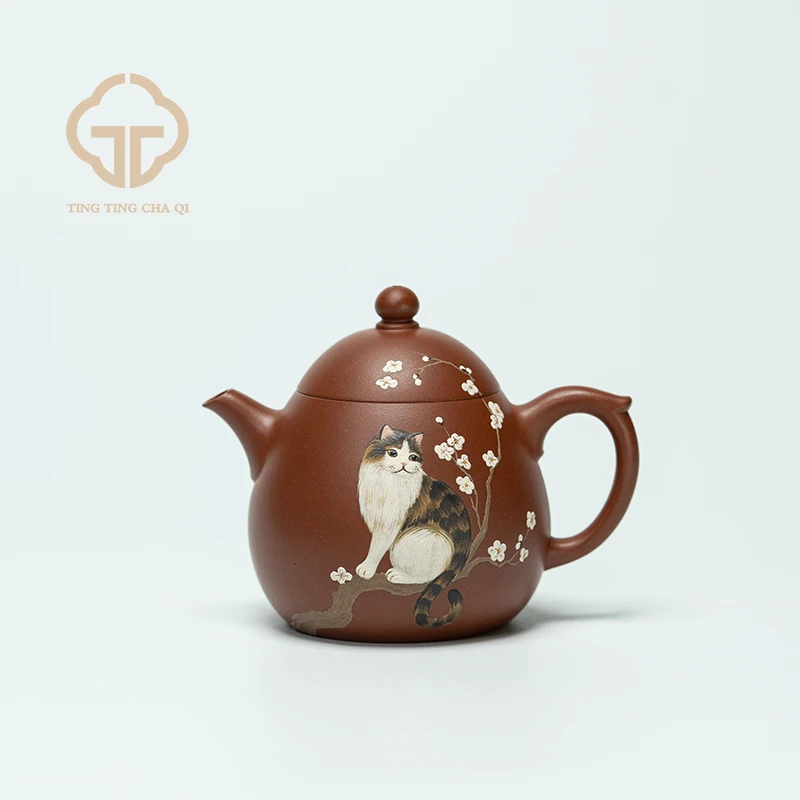 王涛制 文旦（绘猫）红皮龙 165cc 紫砂壶泡茶茶具