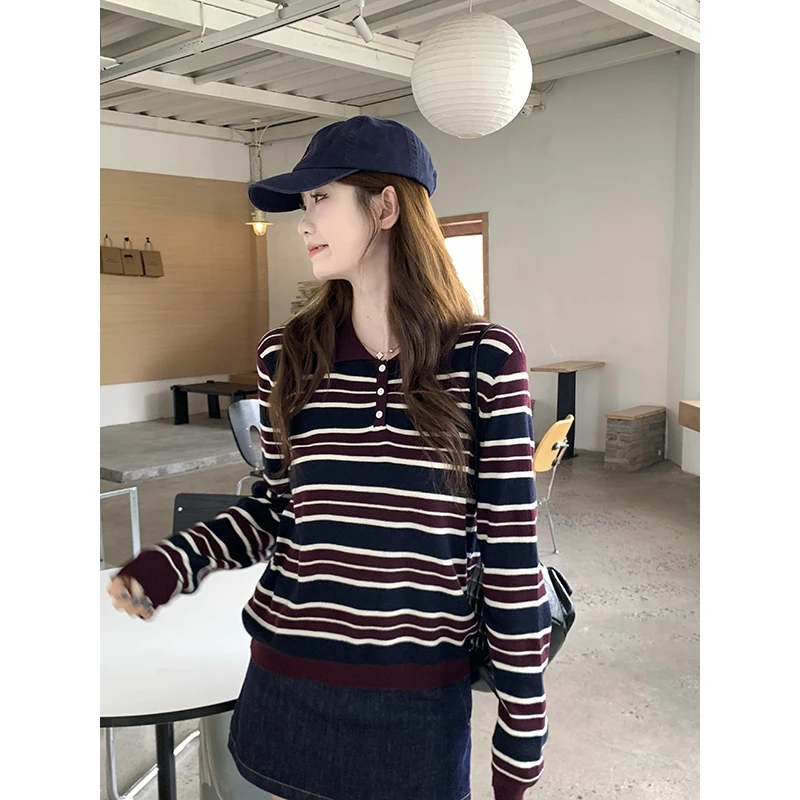 法式复古翻领长袖针织衫女早秋时尚气质撞色条纹显瘦纽扣打底上衣
