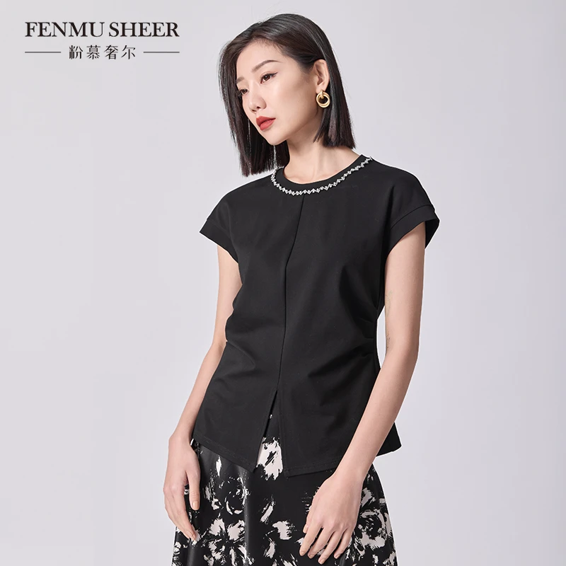 【晨晨专享价】粉慕奢尔『云锦春华』简约钉钻百搭肩前开叉T恤-G2070