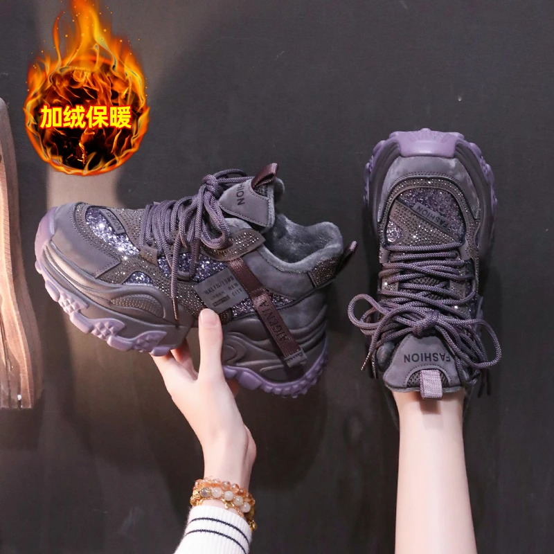 【T-高帮】网红爆款时尚亮片老爹鞋冬款加绒2025新款百搭休闲运动鞋