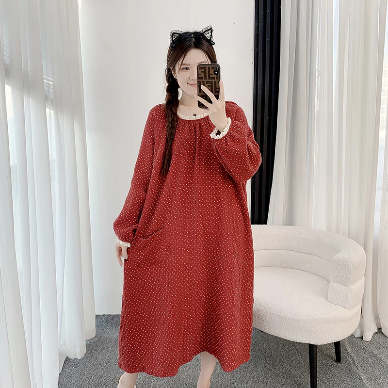 花边甜美可爱双层纱睡裙春秋大码胖MM200斤加肥孕妇宽松居家睡衣