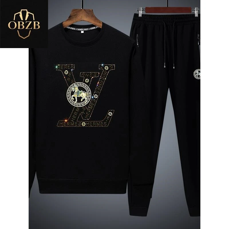 高端烫钻卫衣套装男款秋冬季潮牌圆领套头大码休闲时尚运动两件套