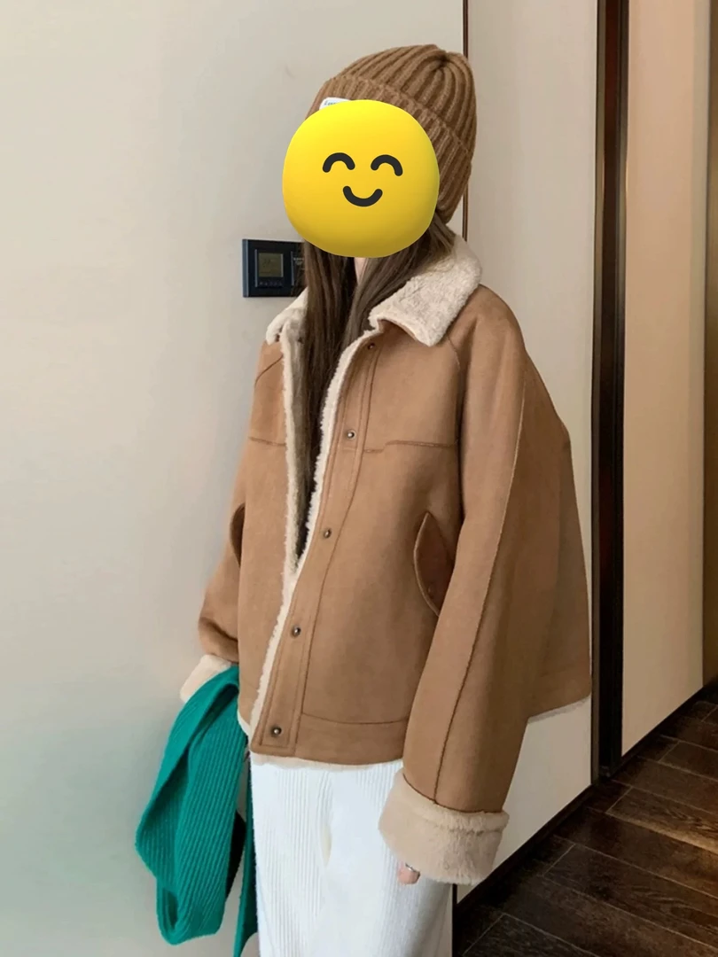 韩系麂皮绒皮毛一体韩版宽松羊羔买保暖外套ins洋气休闲秋冬短款