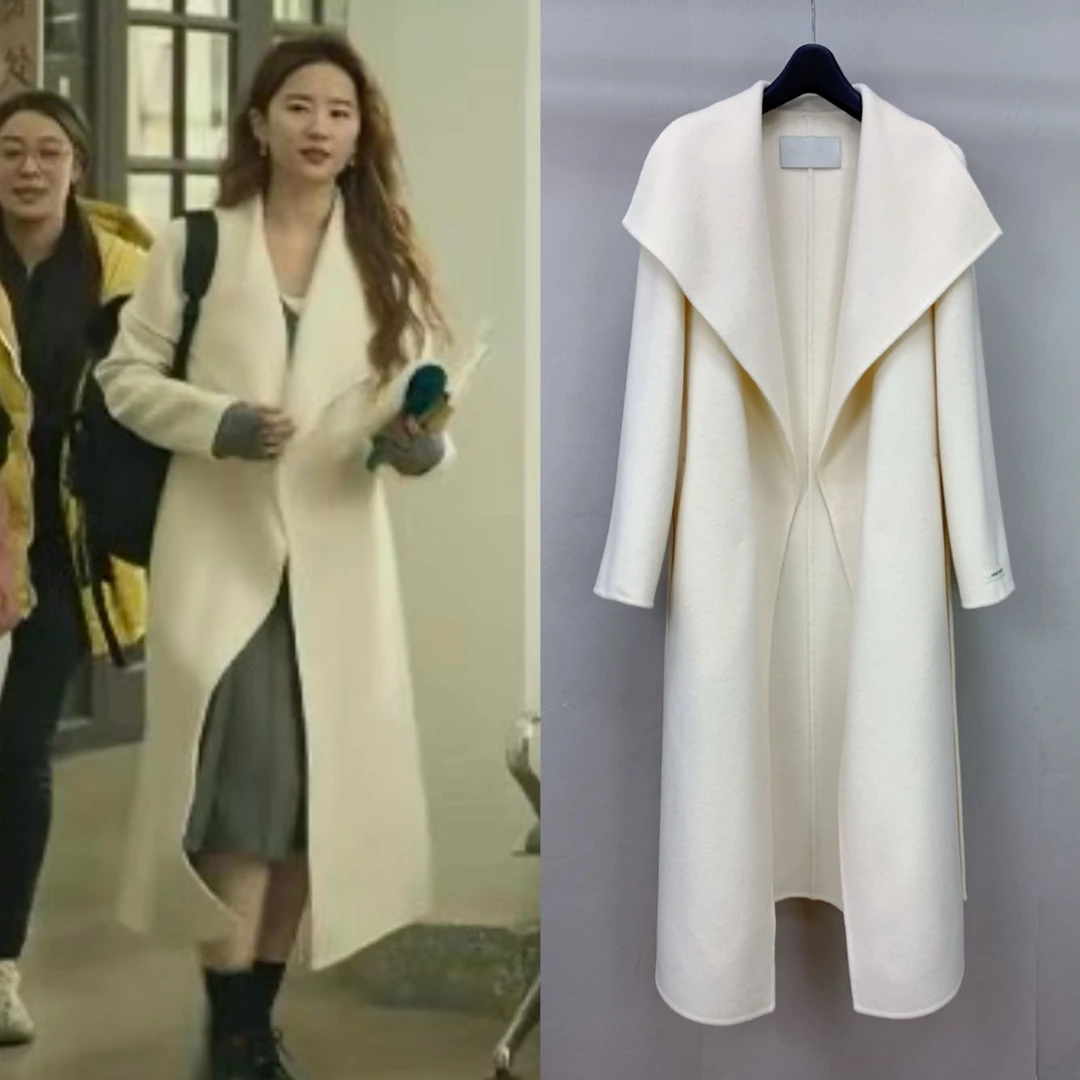 刘亦菲同款高级感白色双面羊绒大衣女2025千金浴袍大翻领毛呢外套