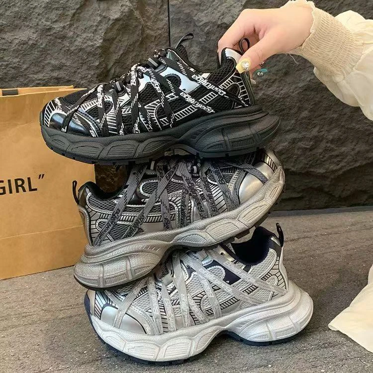 【222-91】网面欧洲站绑带老爹鞋女2025秋季新款增高爆款休闲运动鞋