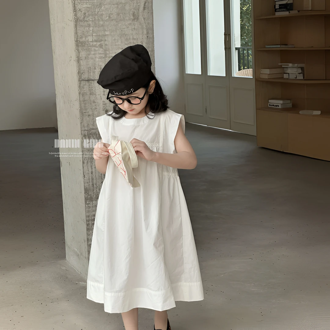 【嗒囜】恬静女宝首选~亲肤材质水洗全棉 女童25夏装白色简约连衣裙