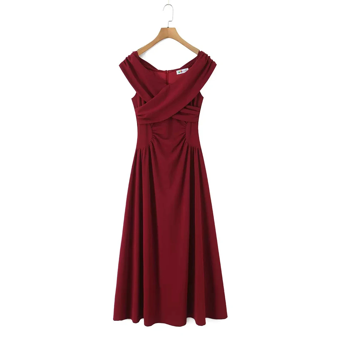 法式交叉一字领礼服连衣裙大码法式云上舞白连衣裙