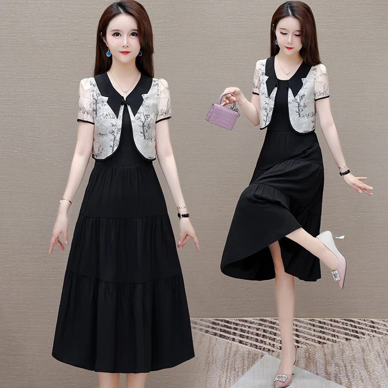 中长款两件套连衣裙女2025年新款夏季国潮风薄外套无袖a字裙套装