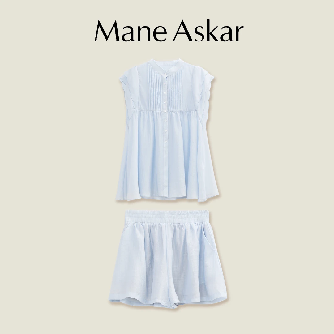 甜美风莱赛尔飞飞袖压褶衬衫短裤两件套OK0012