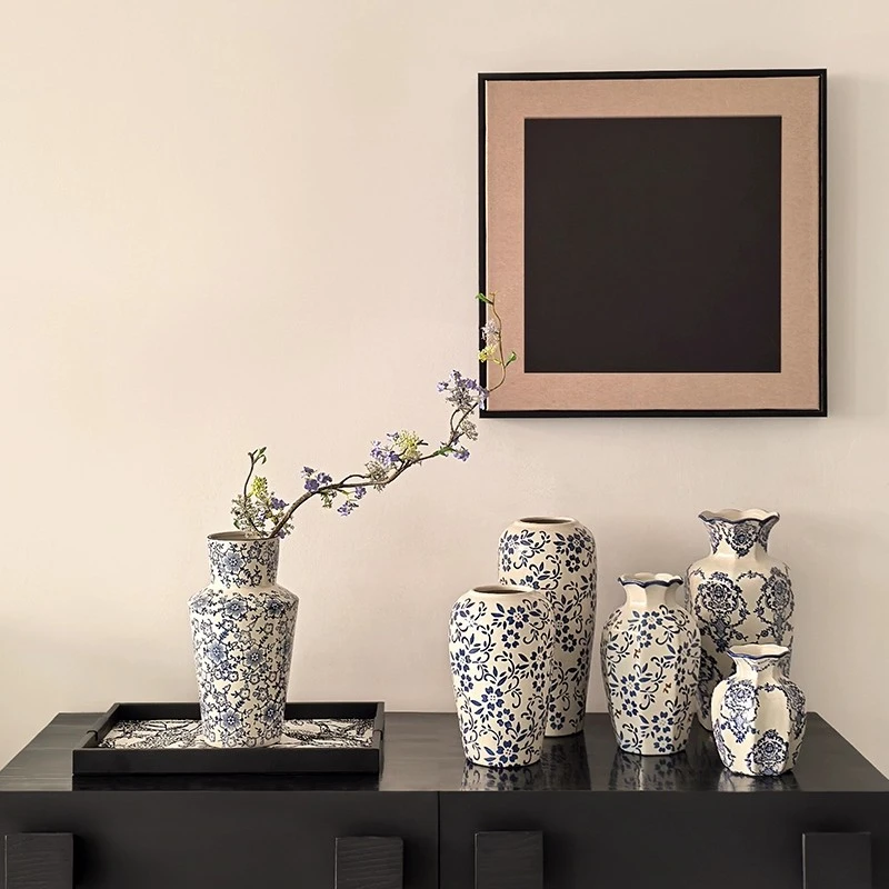 态生活轻奢复古陶瓷花瓶高级感青花瓷水培插花陶罐客厅桌面摆件