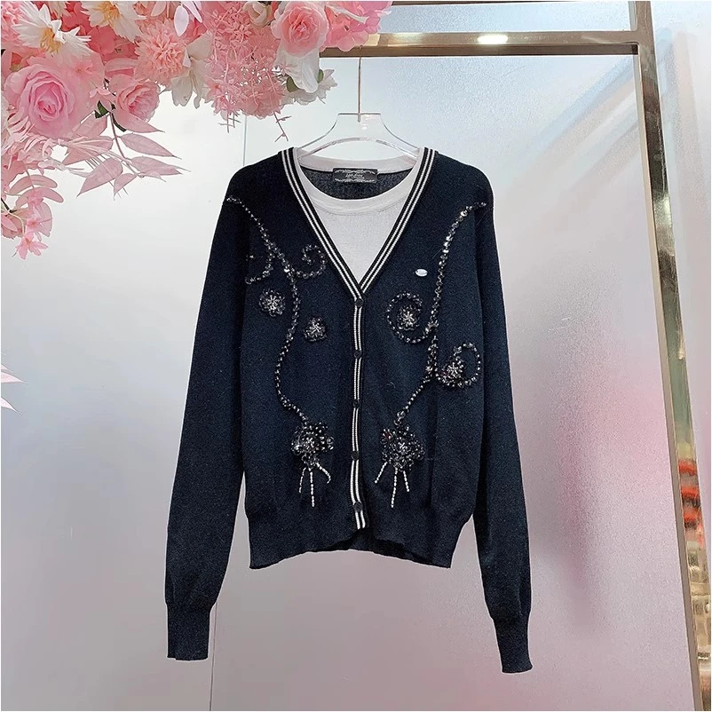 A1038欧美设计师2025早春新款重工钉珠刺绣假两件修身时尚针织衫