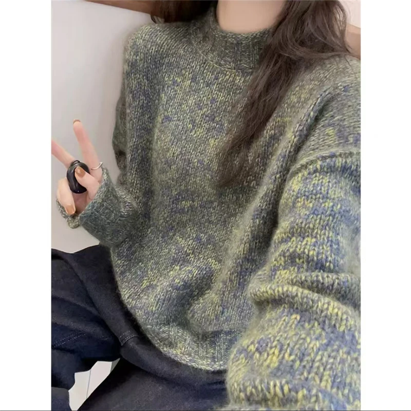 半高领渐变绿色花纱套头加厚宽松毛衣女秋冬慵懒风洋气百搭针织衫