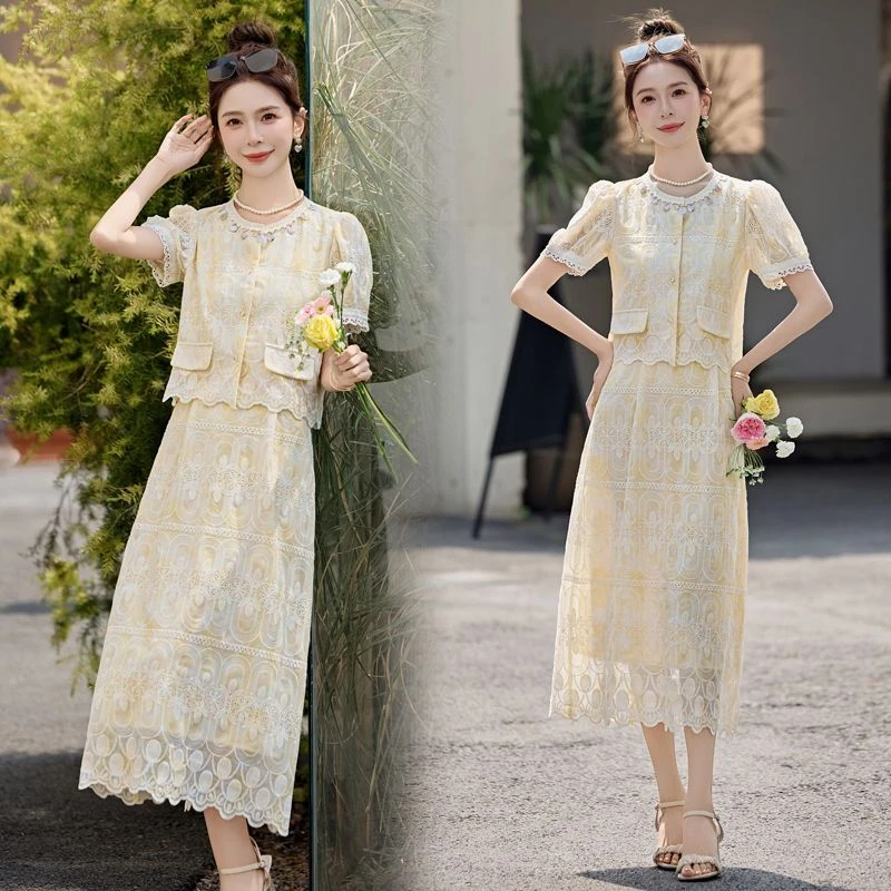 法式气质小香风蕾丝洋气减龄甜美短袖上衣半身裙两件套夏装爆款女