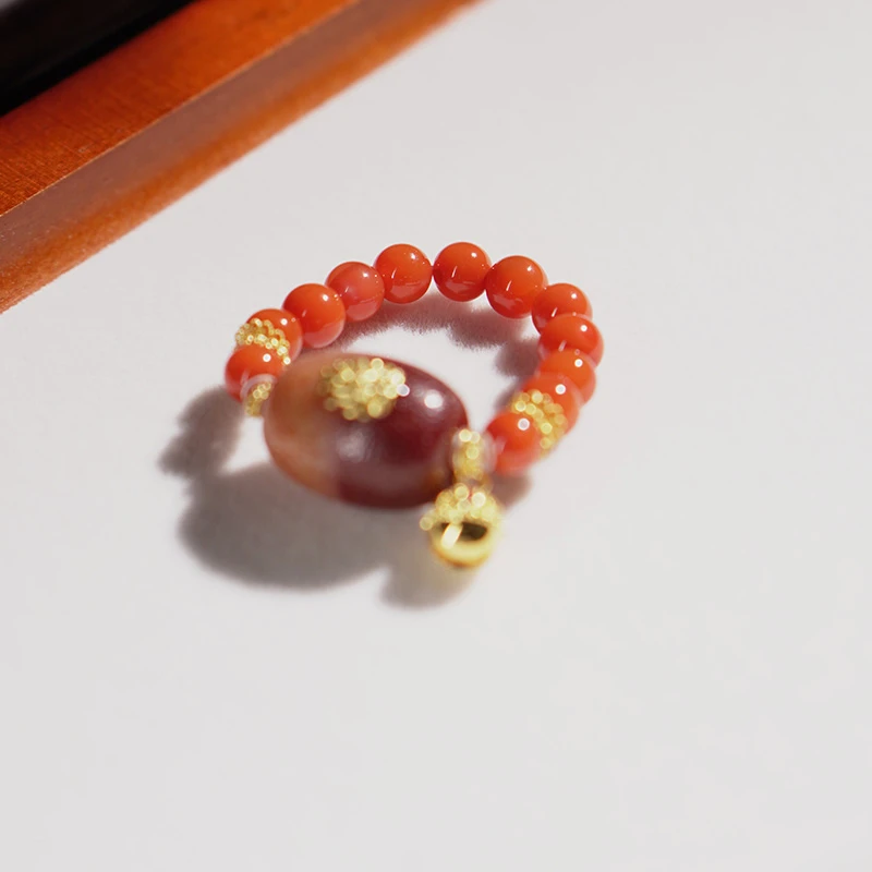 L天珠玛瑙南红18K金九尾国风百搭轻奢气质戒指多样性发一