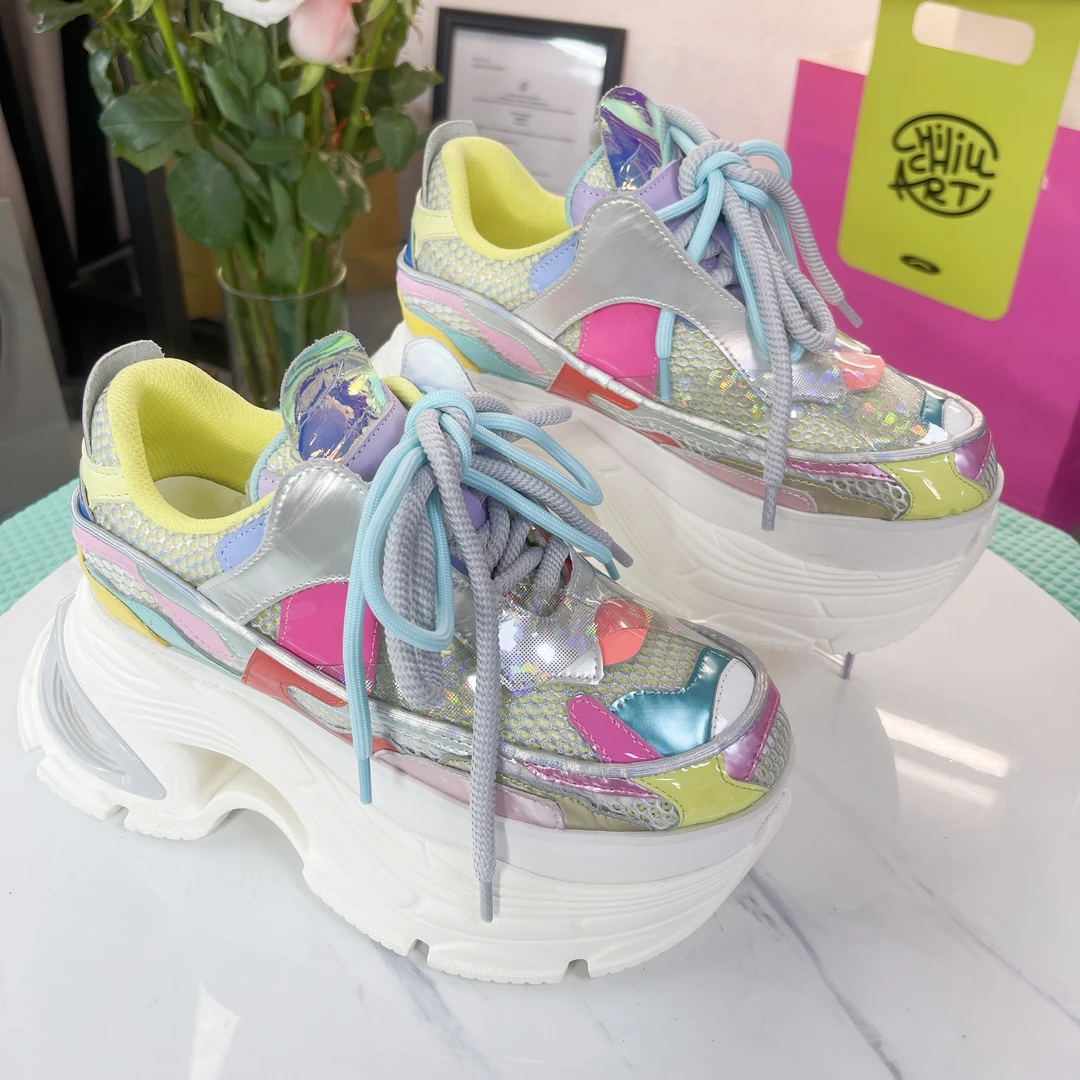 香港设计师臻品25年网红透气网拼色真皮厚底运动增高老爹鞋潮ins