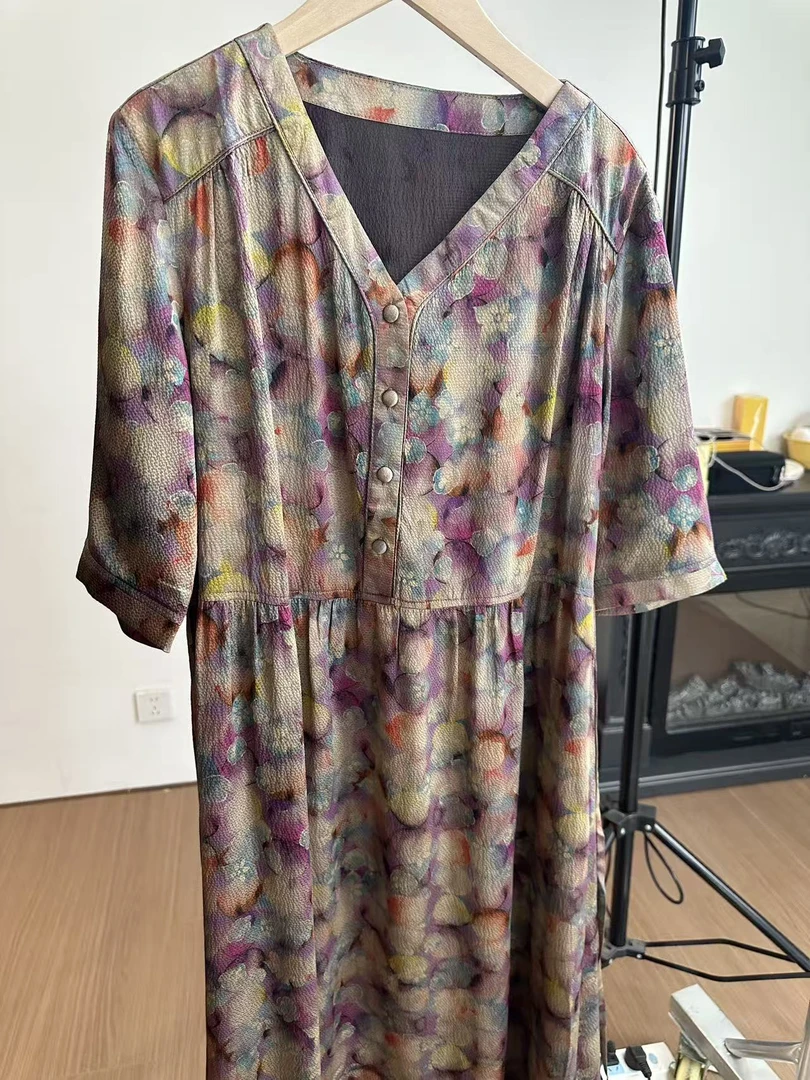 叶辰甄选香云纱 珍珠缎连衣裙（A2403紫色花）