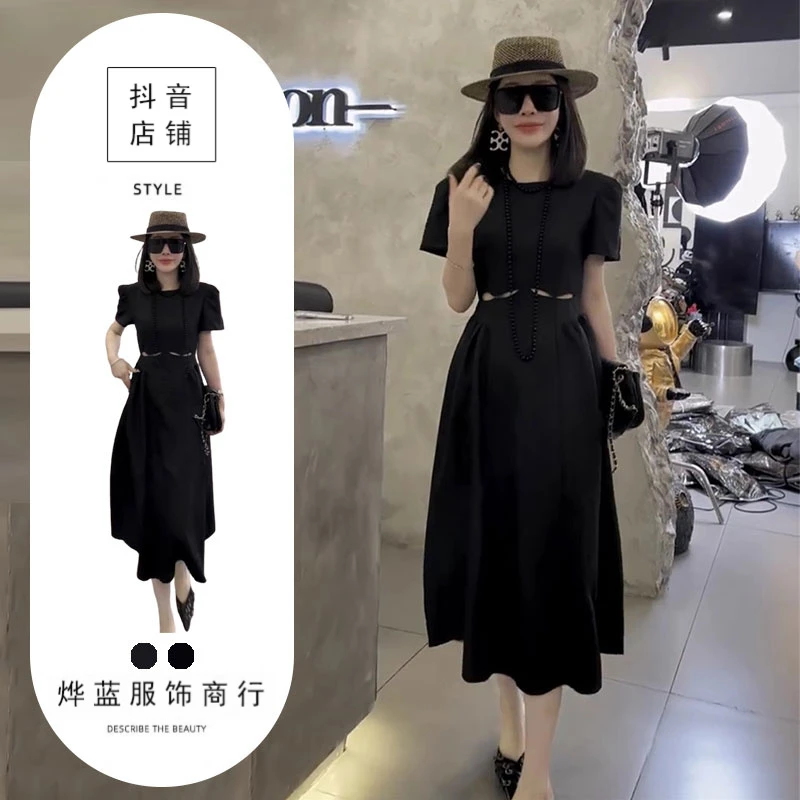 大码纯欲风镂空高腰泡泡袖小个子通勤黑色气质连衣裙女夏季高级感