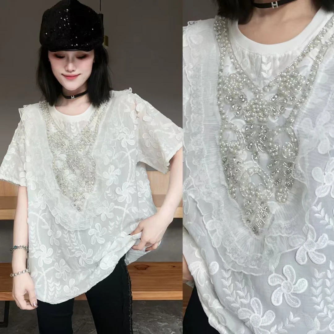 【YJ·高定】2025春夏时尚韩版休闲风上衣显瘦百搭蕾丝半袖女 YY1813