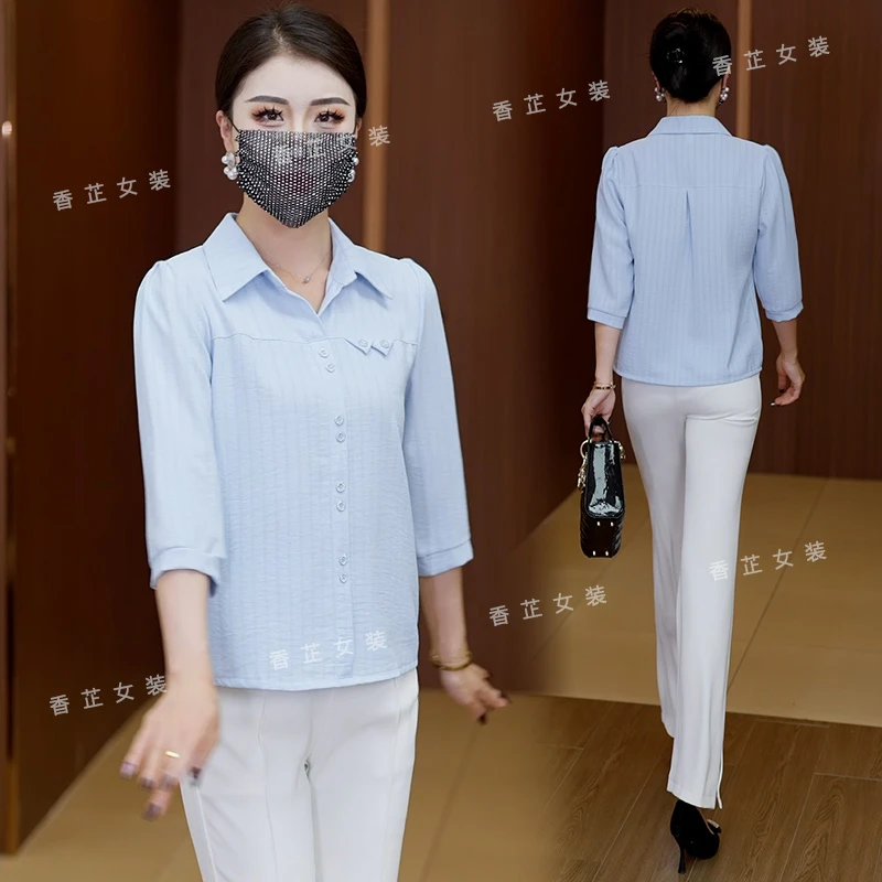 七分袖衬衫女妈妈装显瘦时尚纯色韩版衬衣中老年上衣2025夏季新款