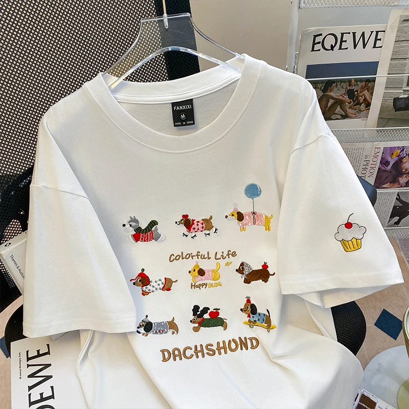 韩系慵懒风宽松短袖T恤女夏季2025新款设计感刺绣上衣半袖小