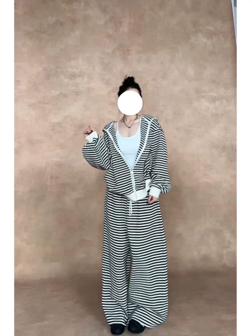 慵懒风运动休闲套装女春季条纹连帽外套阔腿裤两件套女装