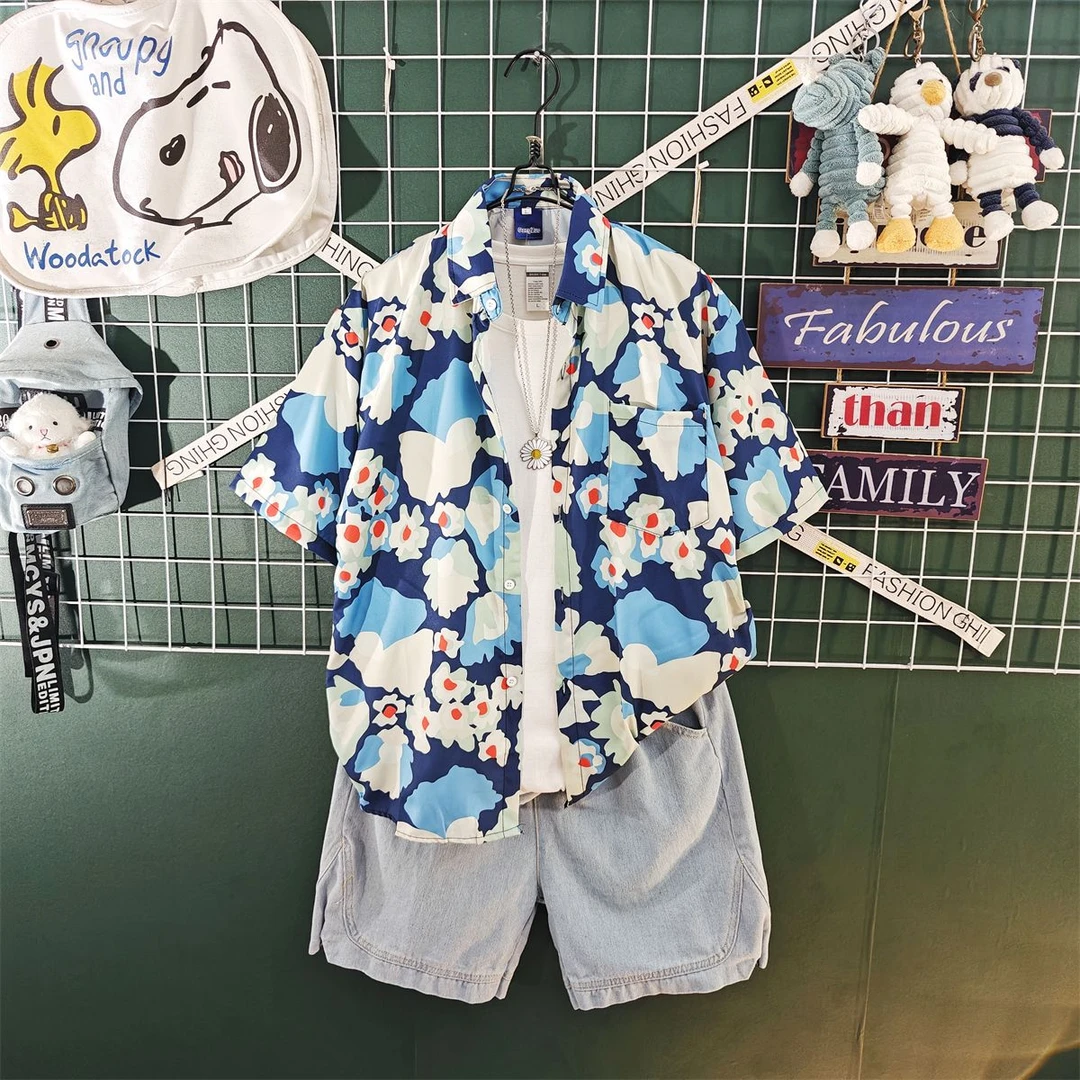 夏威夷轻奢冰丝短袖衬衫男生酷帅三件套装男装宽松一套搭配牛仔裤