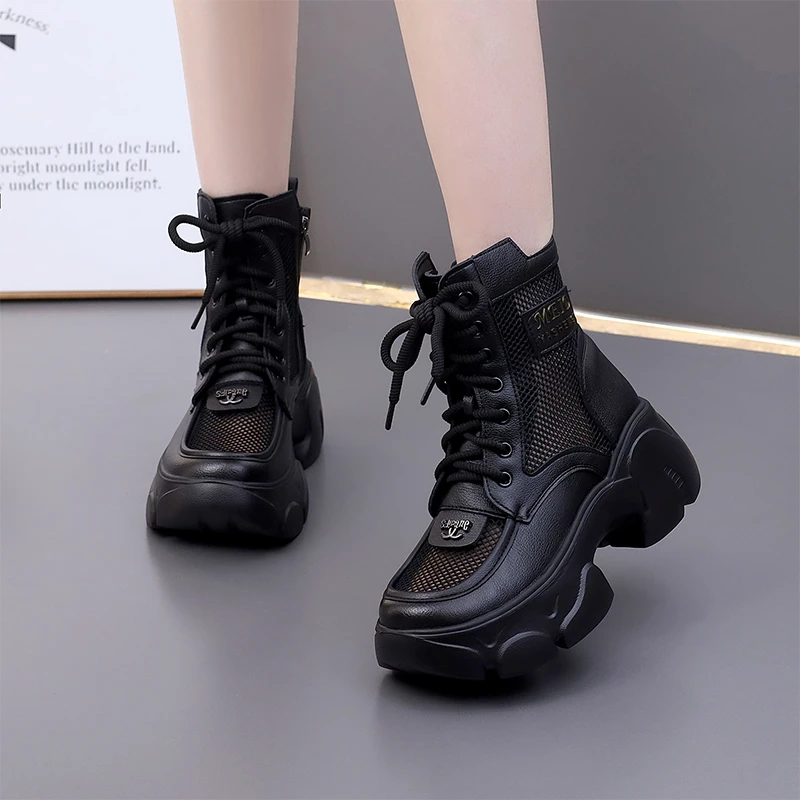 真皮厚底网面马丁靴女2025夏新款百搭透气网靴小个子轻便软底凉靴