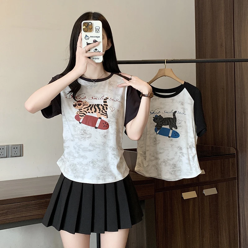 0625（21）夏装新款胖mm大码女装休闲百搭印花图案别致插肩短袖T恤