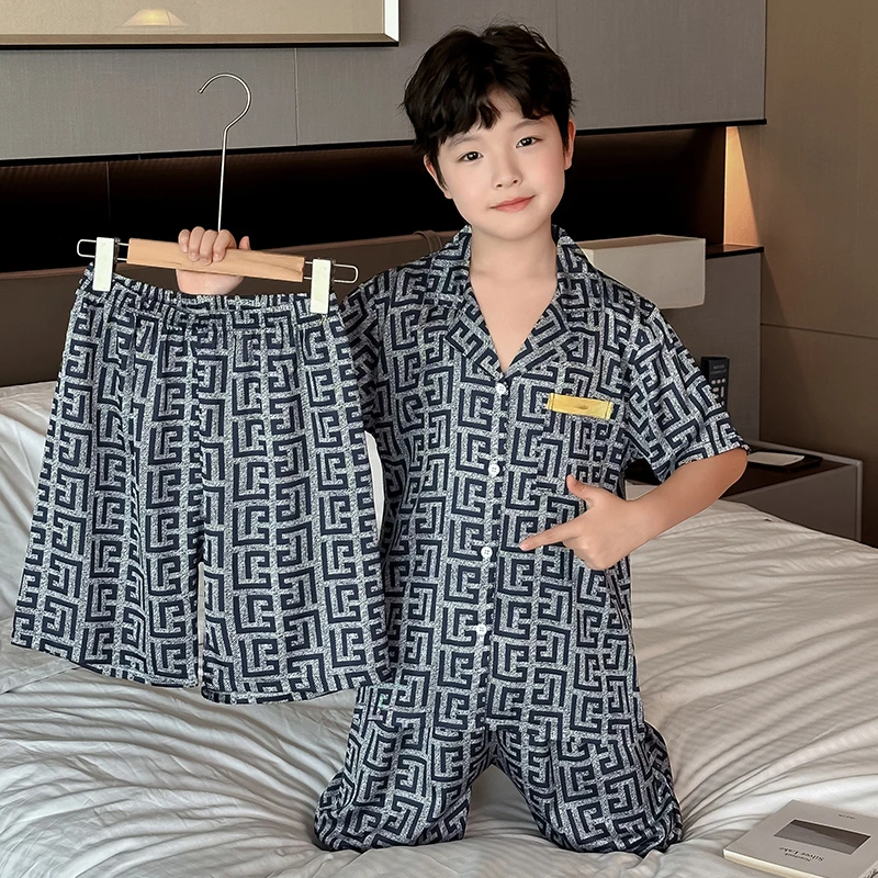 男童冰丝睡衣夏季2025新款中大童短袖长裤家居服高端洋气男孩睡衣